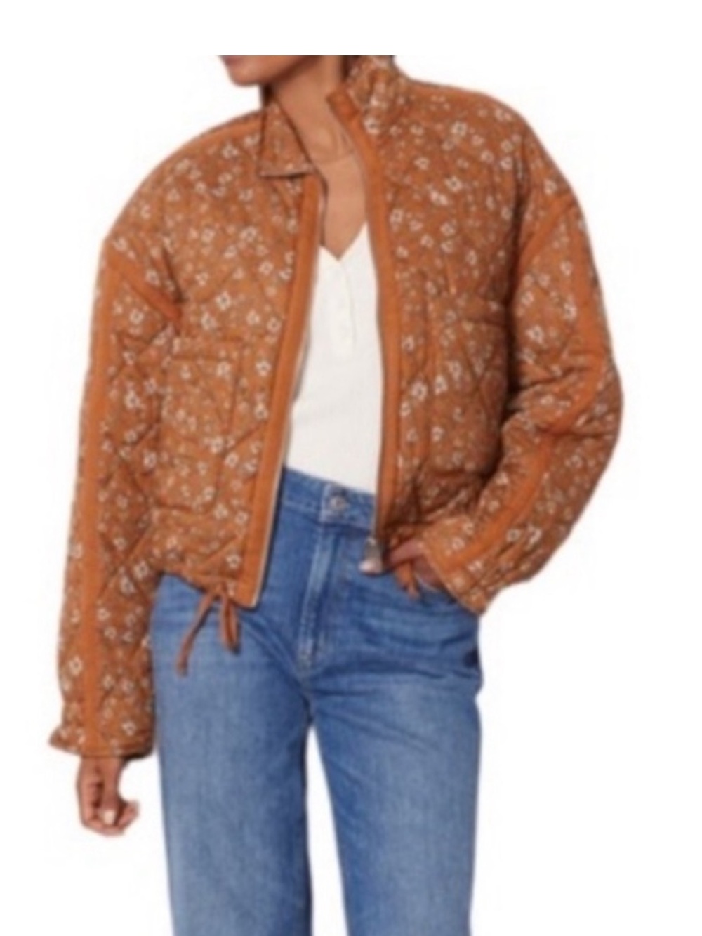 Blank NYC Quilted Floral Bomber Jacket in Rust Brown